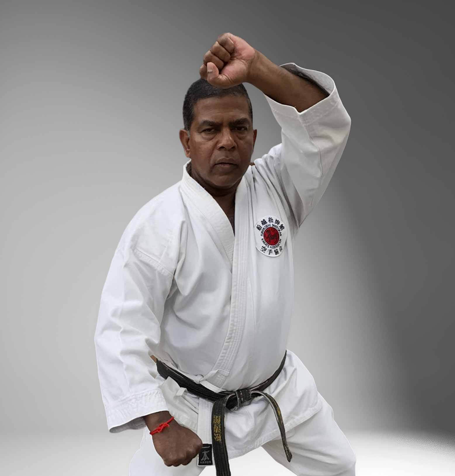Hanshi Selvan Govender in a Shotokan stance